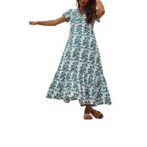 Ex Voto Meg Dress Green White Block Print Midi Small Pockets MSRP $298